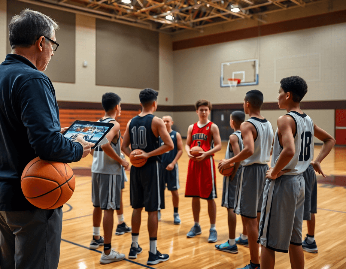 Escena de análisis de ojeo en medio del gimnasio, entrenador y jugadores observando vídeos para sistemas baloncesto.