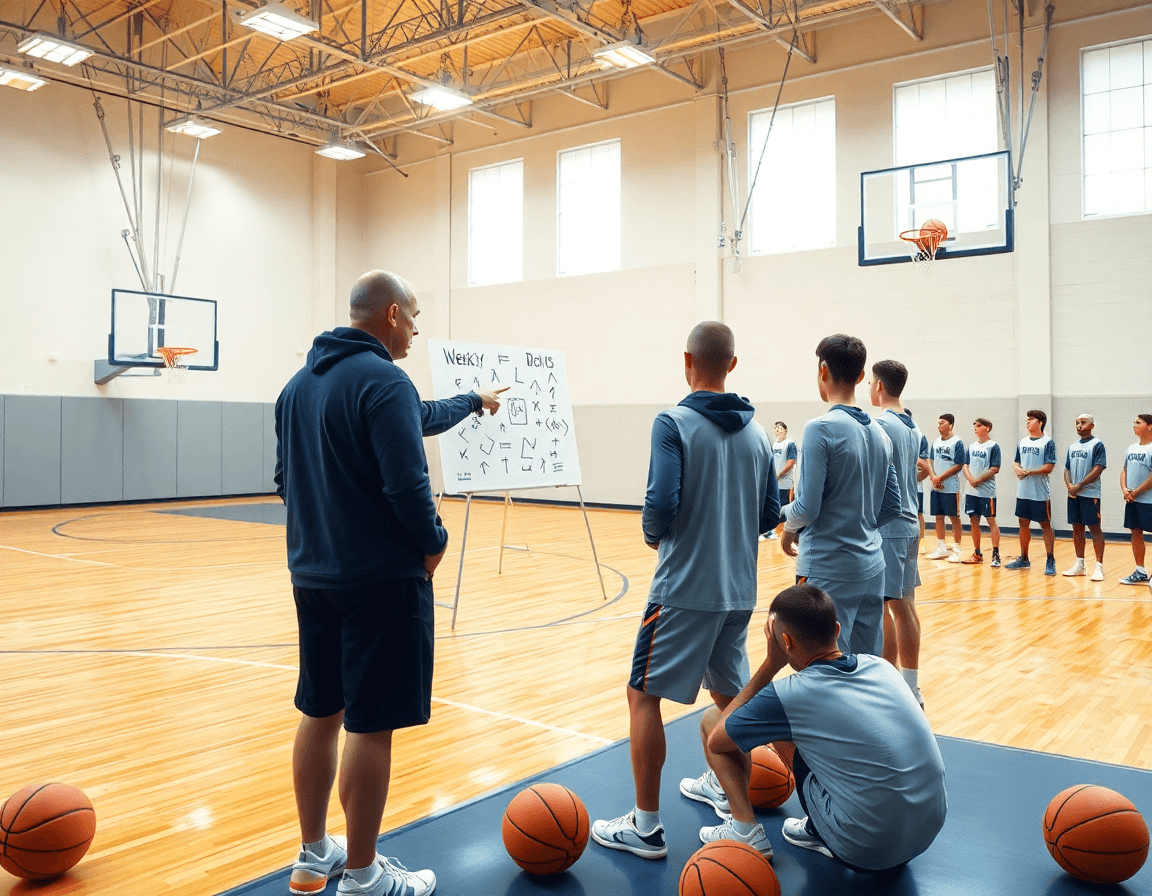 Escena amplia en un gimnasio de baloncesto, entrenador explica sistemas baloncesto al equipo con pizarra.