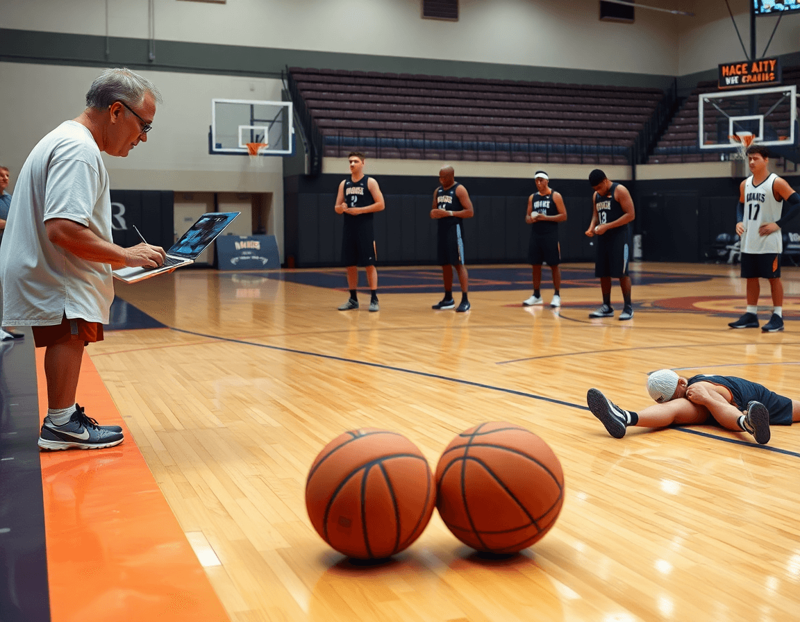 Entrenador revisa informes de scouting en la cancha de baloncesto mientras ven clips en una tablet.