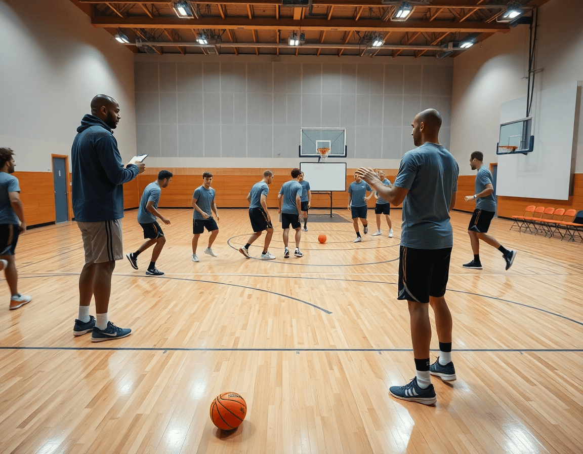 Primer plano de entrenador ajustando sistemas de ataque baloncesto pdf durante una práctica real.