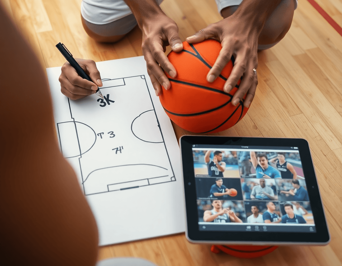 Primer plano de manos dibujando una secuencia para sistemas de ataque en baloncesto.