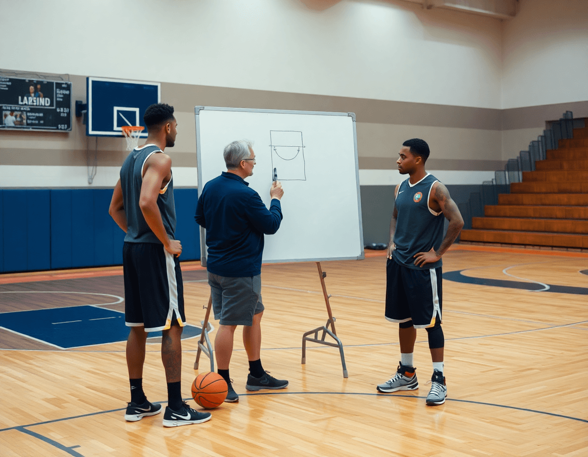 Manos cerca de la pizarra mientras el coach dibuja una jugada de basketball; software baloncesto visible.