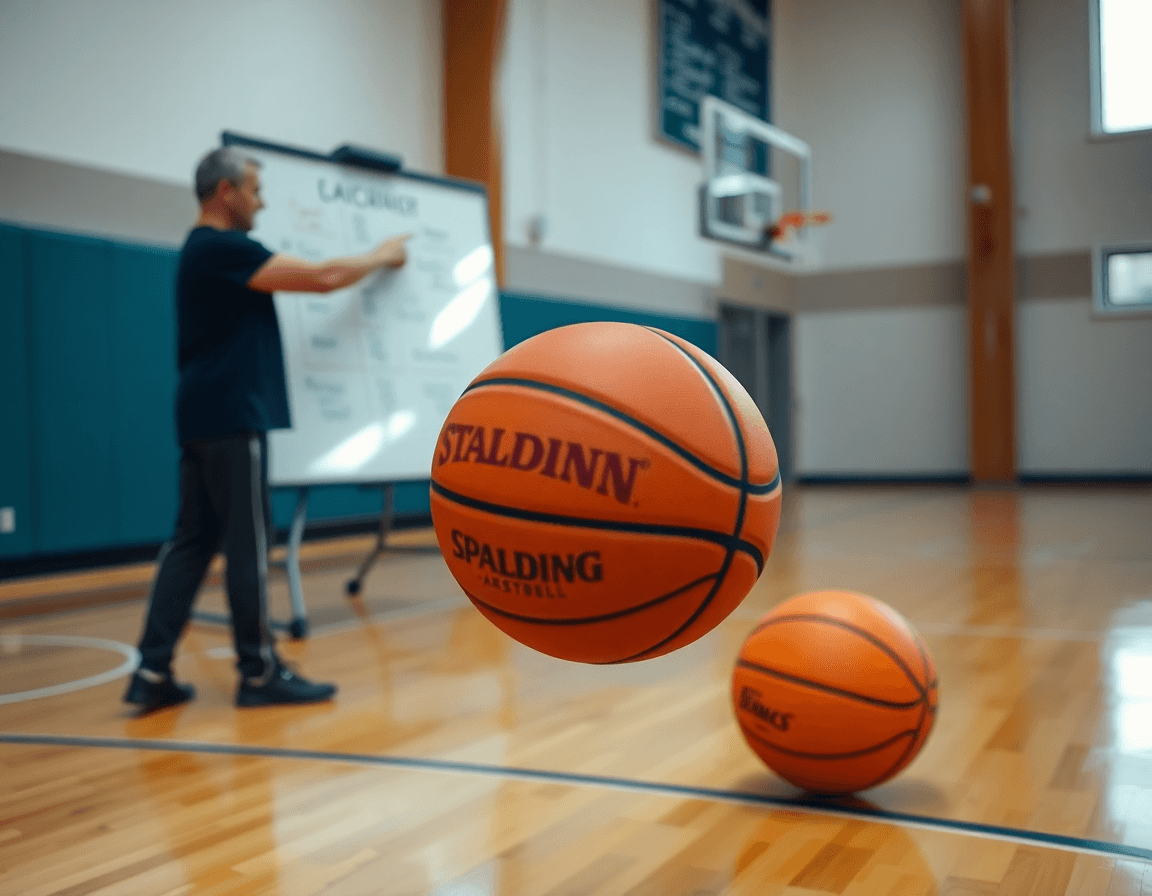 Enfoque cercano a las manos driblando la basketball junto a la pizarra; software baloncesto guía al coach.