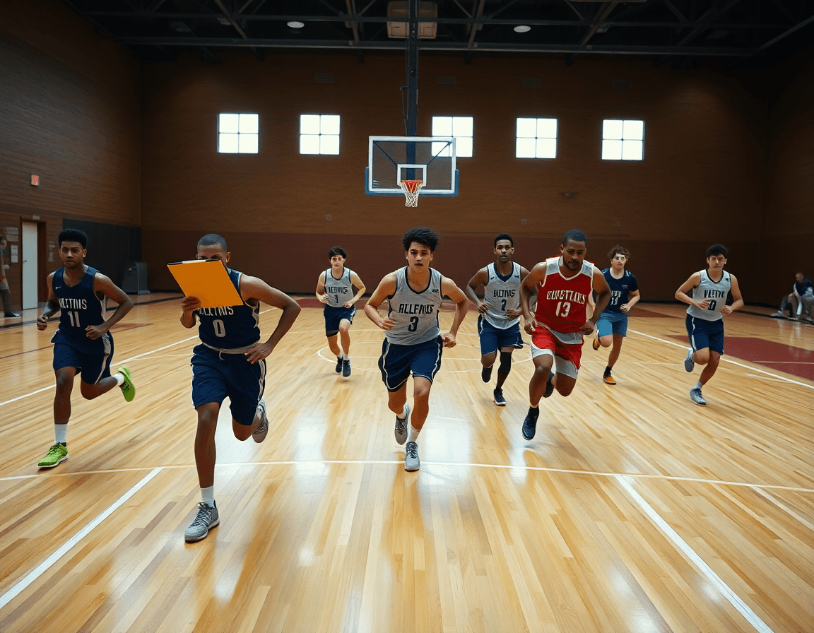 Plan de juego con basketball en acción, coach observando, software baloncesto presente.