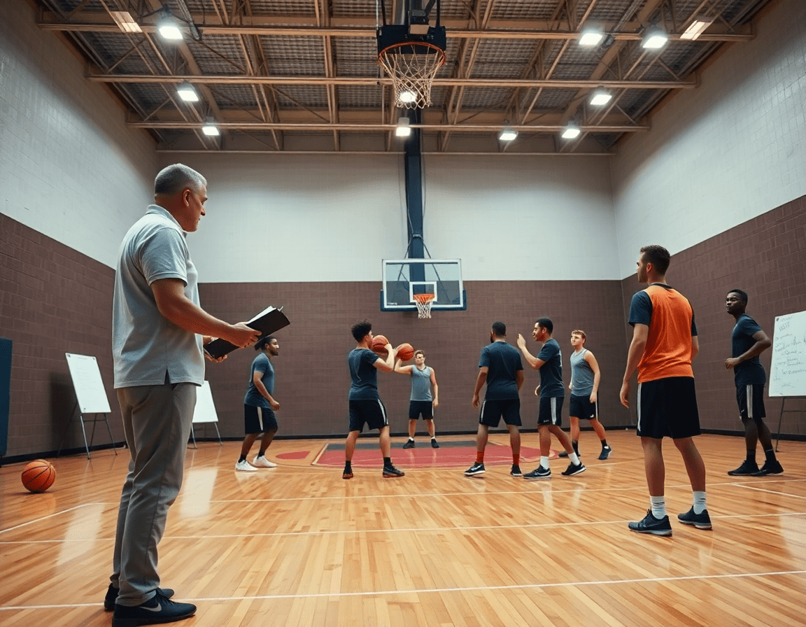Vista panorámica de un entrenamiento de basketball con software baloncesto en un gimnasio.