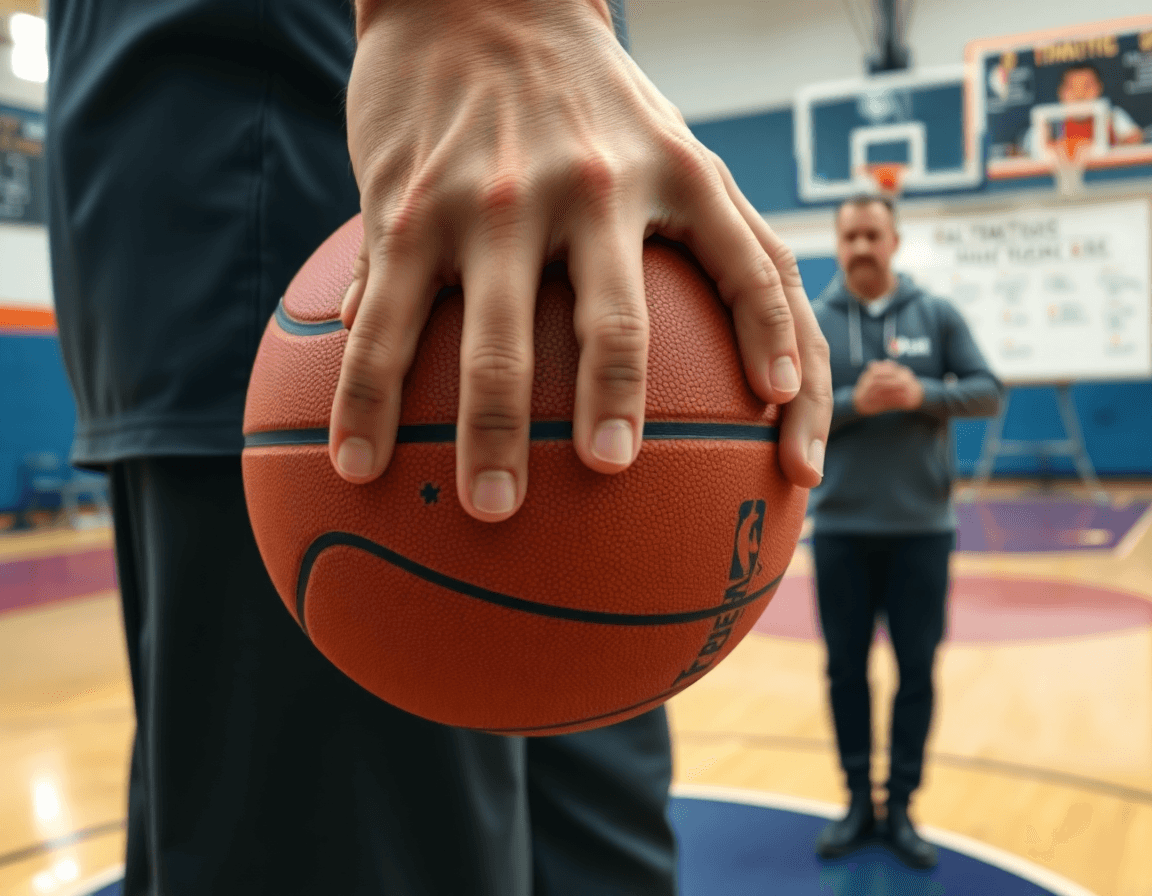 Plano cercano de manos sosteniendo una pelota de baloncesto durante software scouting baloncesto en la cancha.
