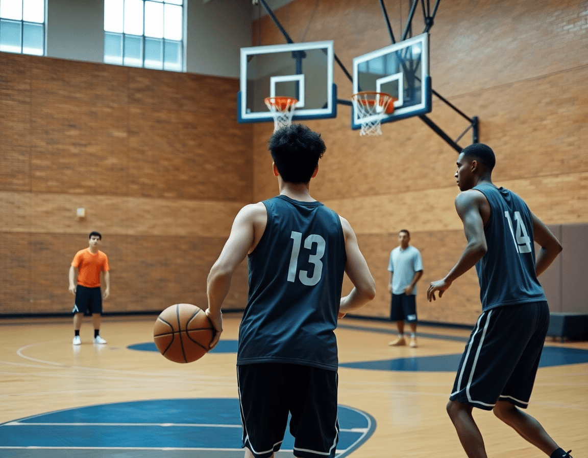 Dos jugadores driblan hacia la línea de tiro durante software scouting baloncesto en la cancha.