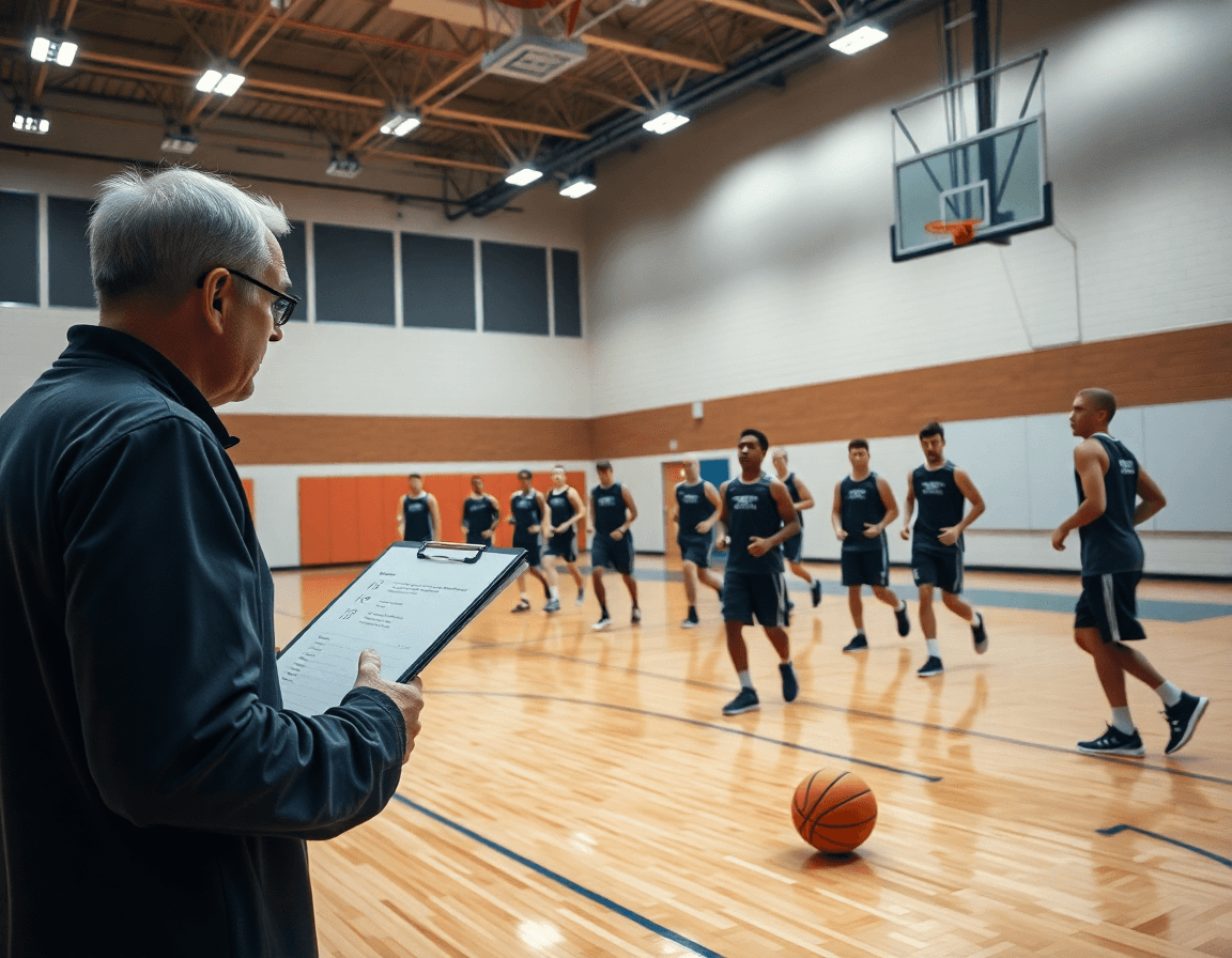 Visión amplia de software scouting baloncesto para entrenadores durante una sesión de equipo en gimnasio.
