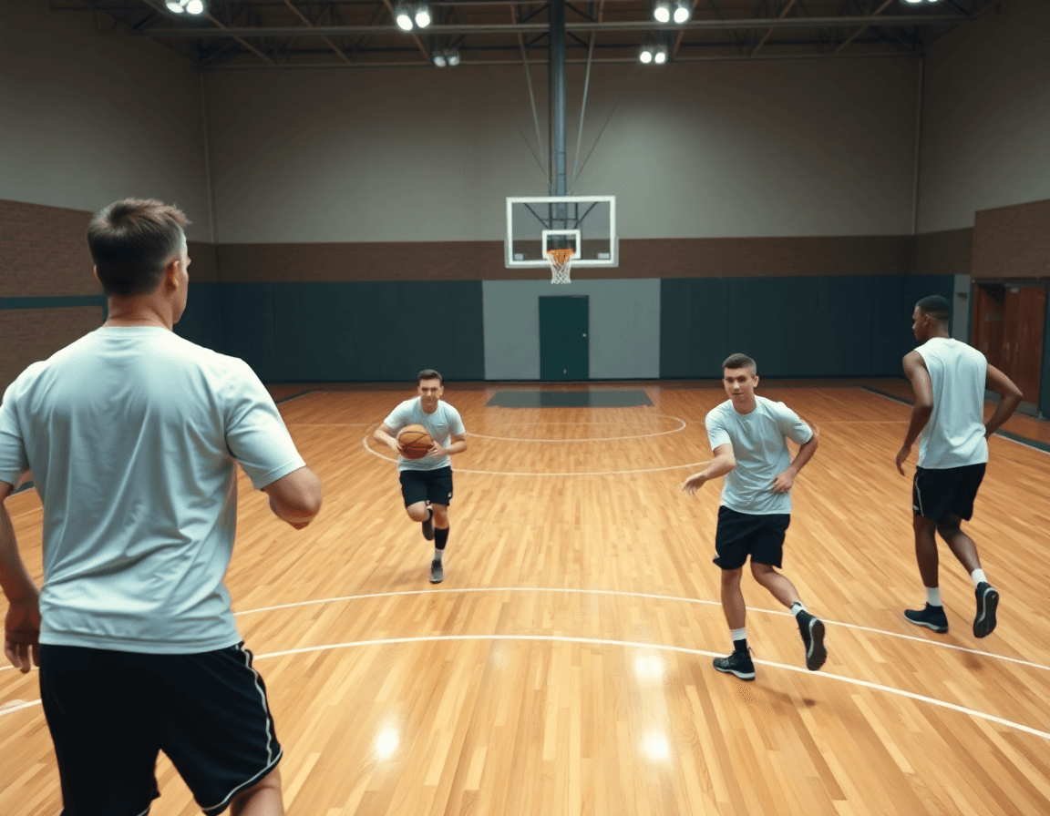 Plano medio de baloncesto mostrando transicion defensa ataque baloncesto en una transición de juego.