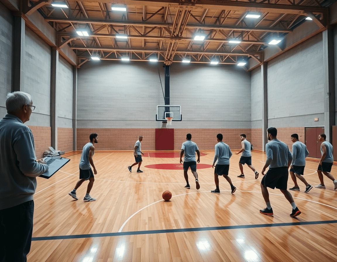 Vista amplia de baloncesto mostrando transicion defensa ataque baloncesto en una cancha de gimnasio.