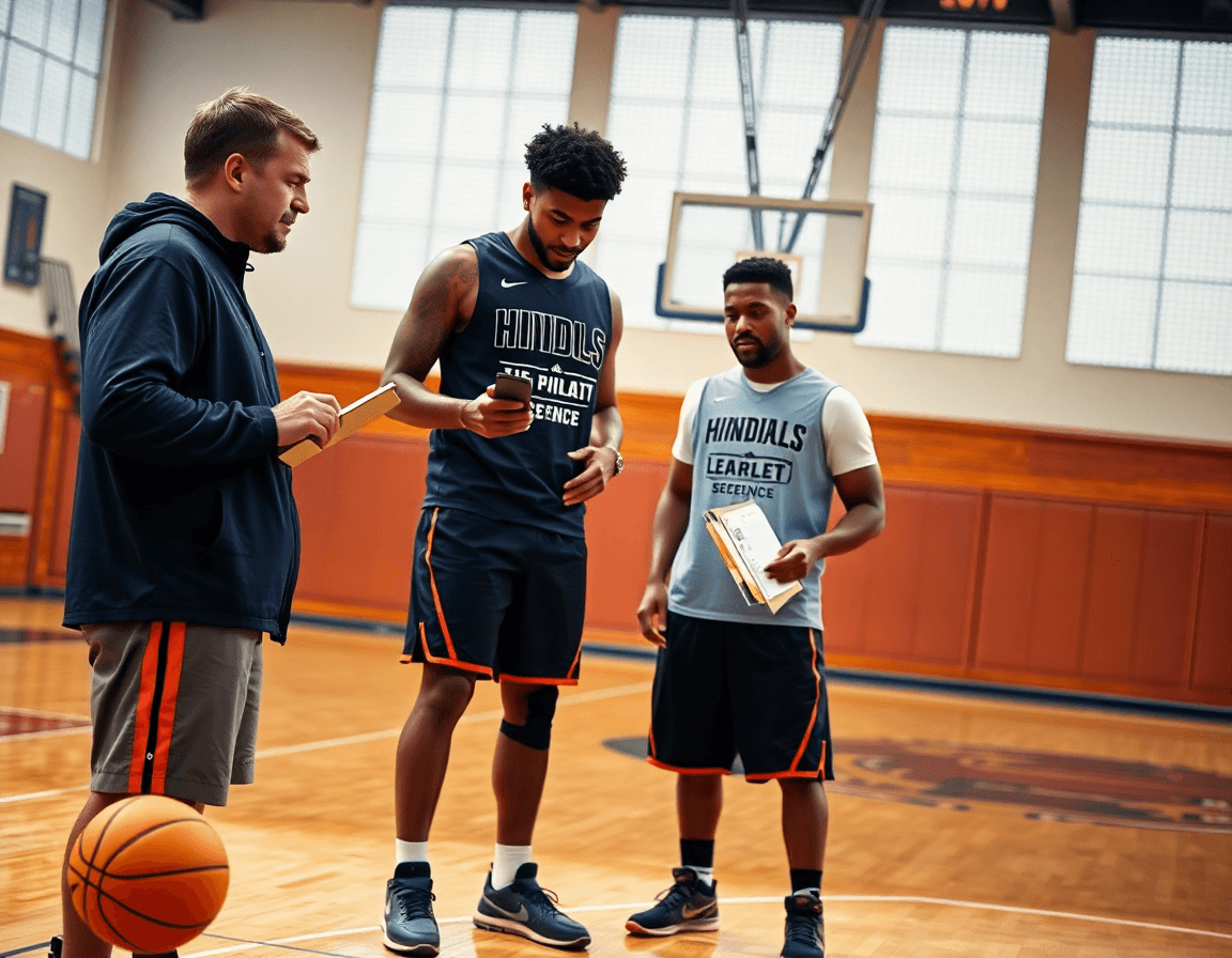 Entrenador y dos jugadores analizan mejores jugadas baloncesto en una cancha de baloncesto.