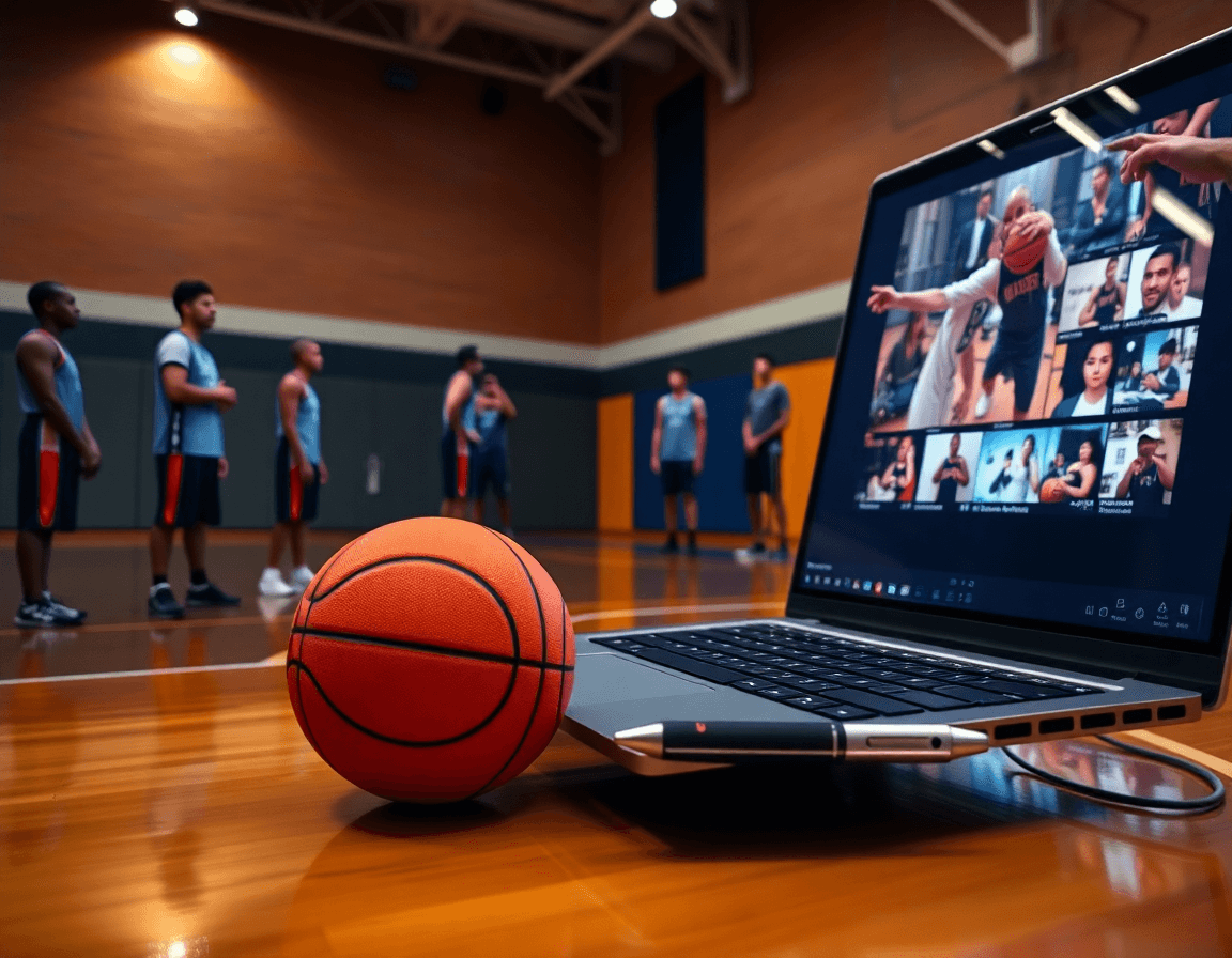 Primer plano de un entrenador con tablet en la cancha, mostrando mejores jugadas baloncesto a los jugadores.