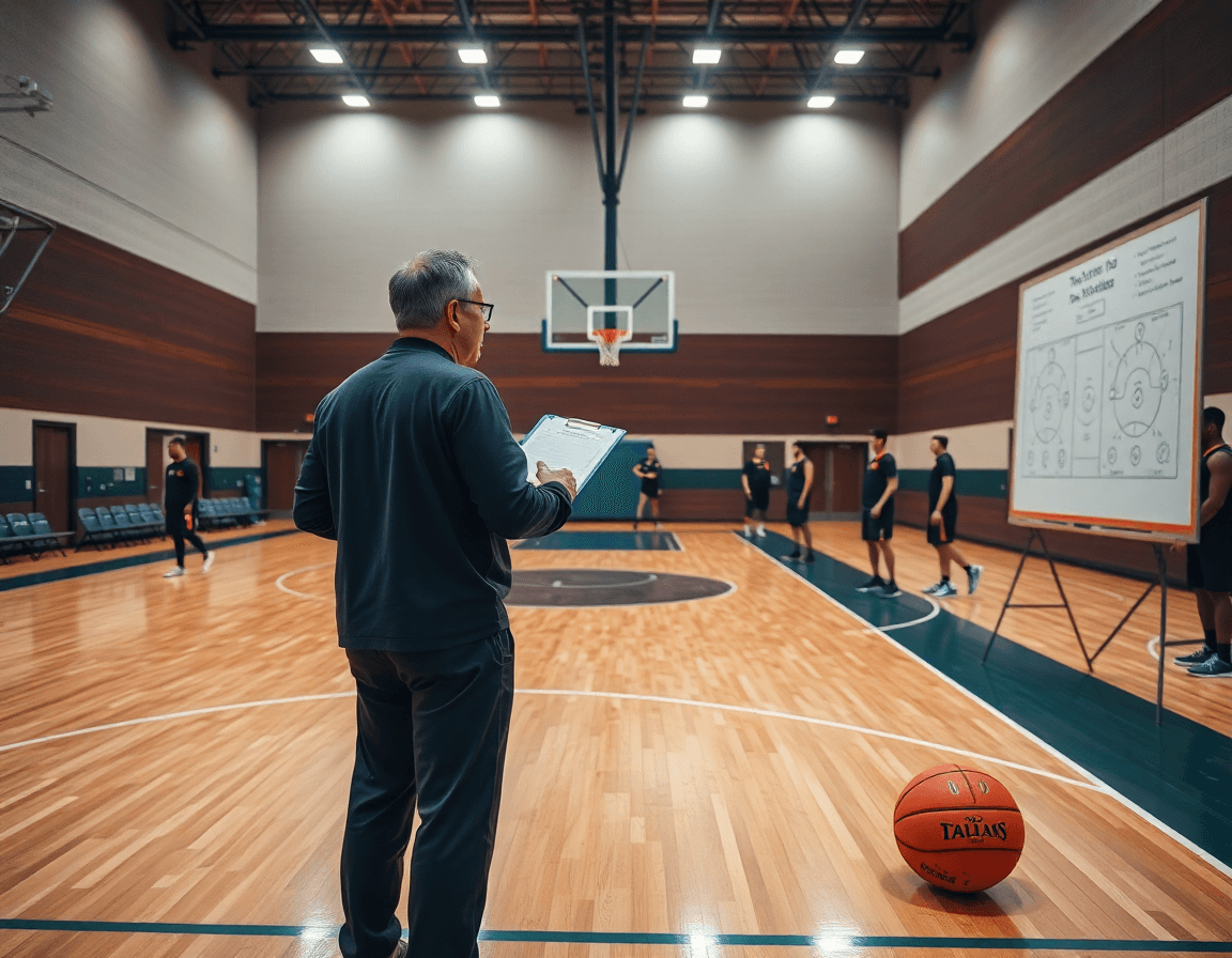 Escena amplia de baloncesto en un gimnasio con las mejores jugadas baloncesto en práctica.
