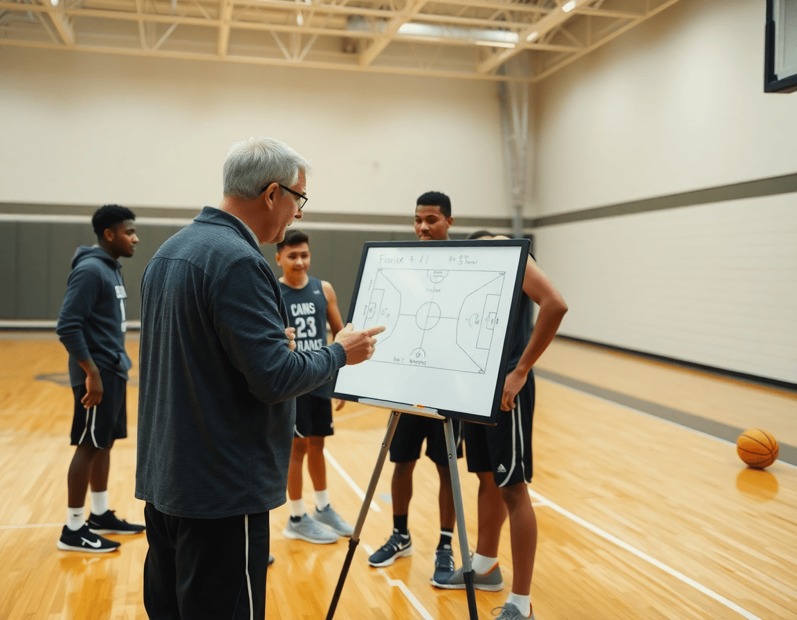 Entrenador usa una pizarra táctica mientras jugadores practican una jugada de baloncesto cerca de la banda.