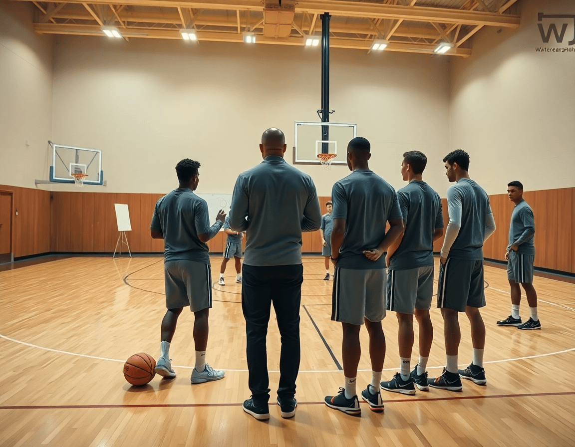 Valoracion baloncesto en ingles en una escena amplia con entrenador y equipo en la cancha.