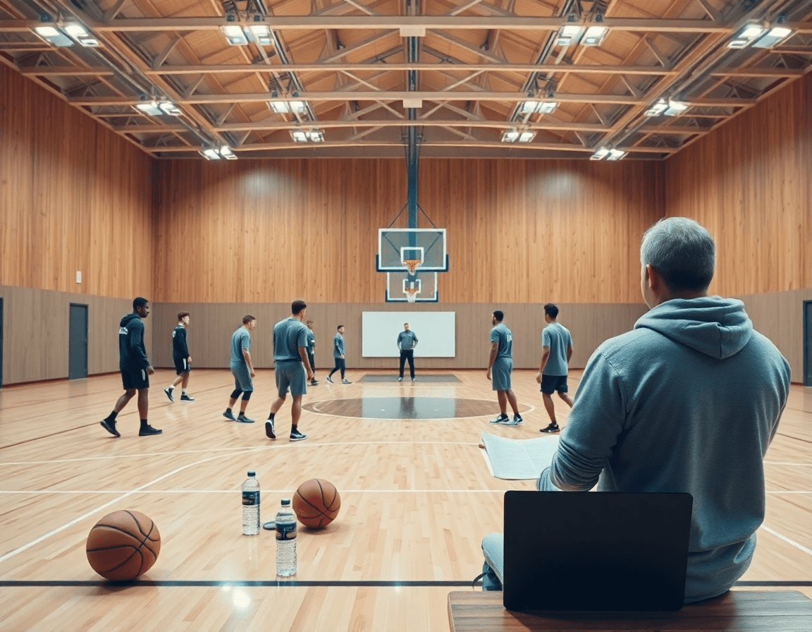 valoración baloncesto en plena práctica: entrenador dirige desde la línea con pizarrón ante jugadores atentos.