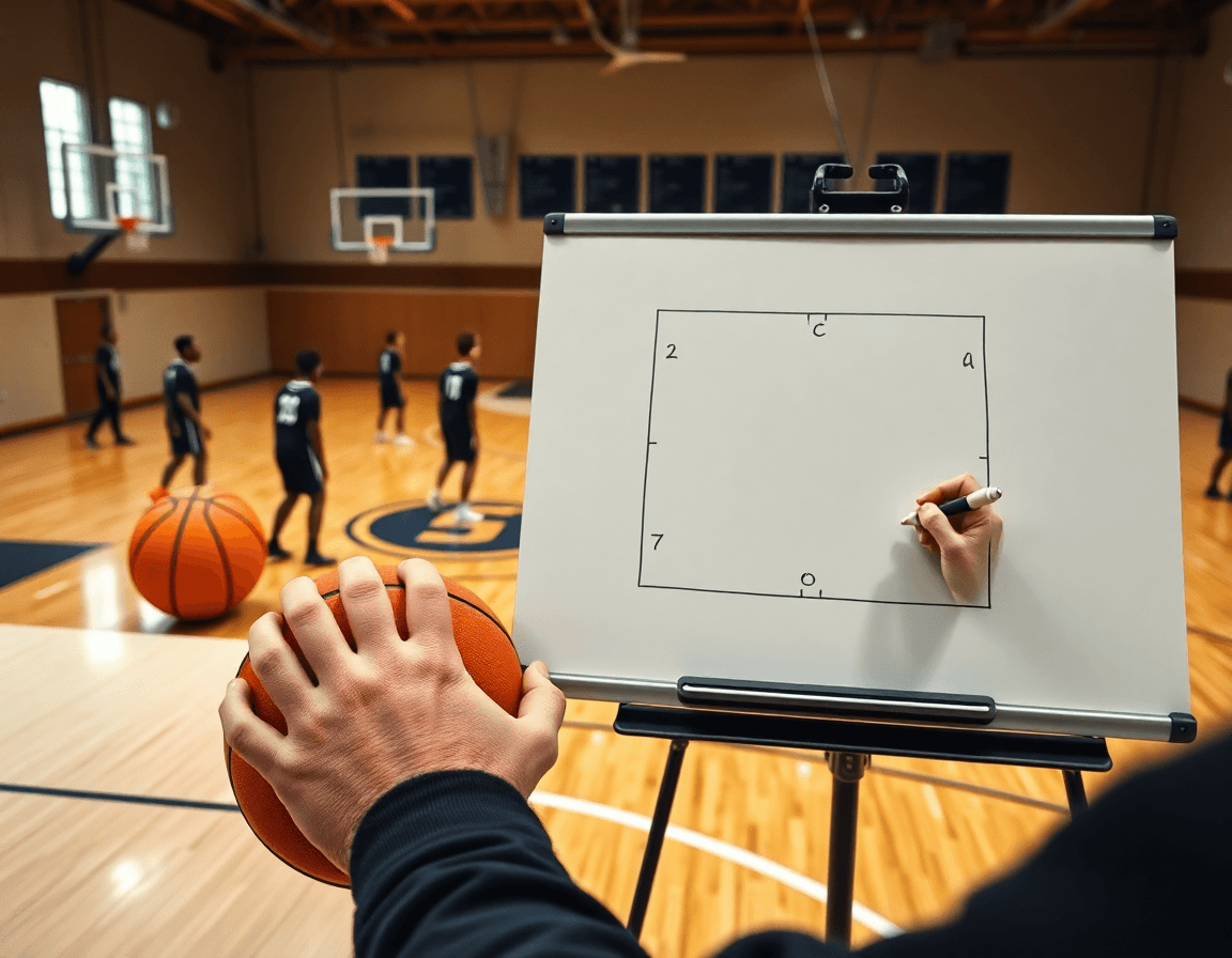zona baloncesto en ingles: primer plano del entrenador trazando la defensa zonal con una pelota naranja en cancha.