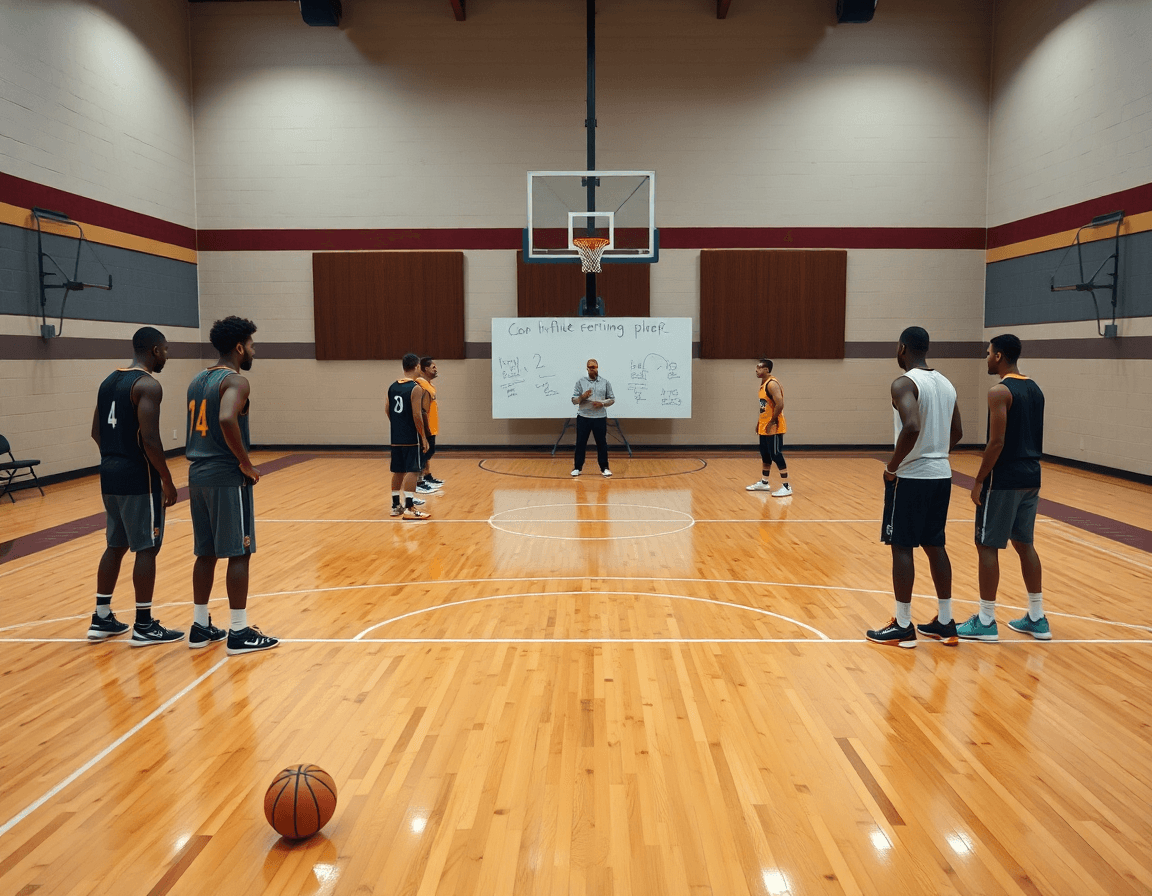 zona baloncesto en ingles: imagen de jugadores formando una zona y un balón rebotando sobre cancha de madera.