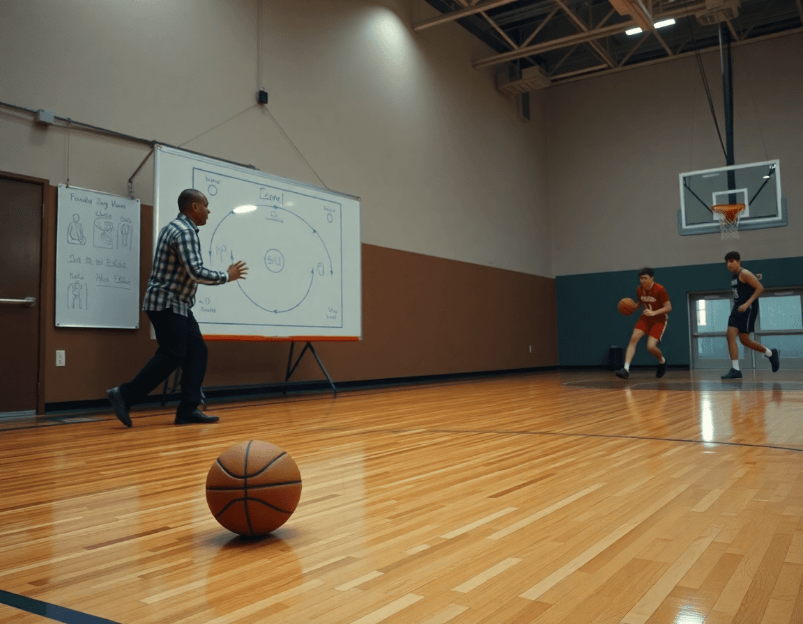 zona baloncesto en ingles: primer plano del balón de basketball junto al entrenador explicando rotaciones en la cancha.