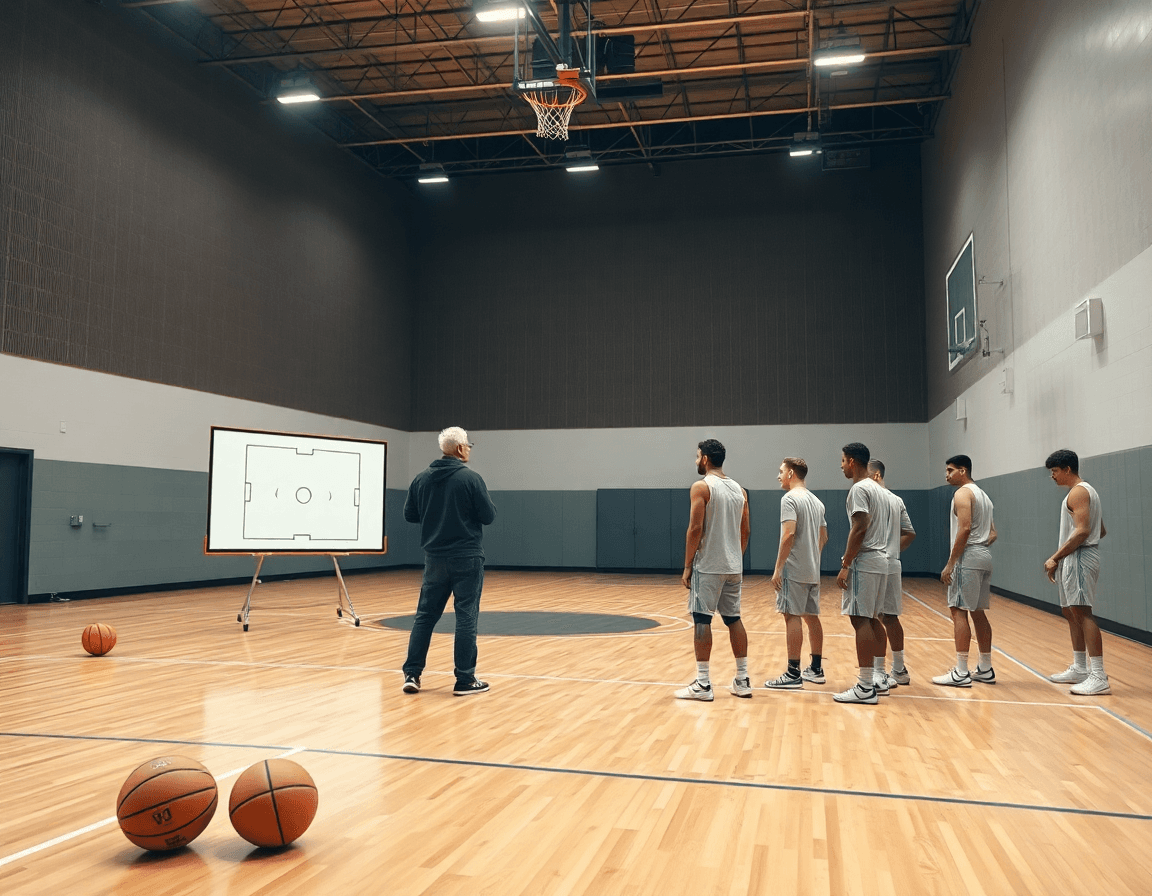 Zona baloncesto en ingles: entrenador en una cancha de madera organiza defensa zonal frente a jóvenes.