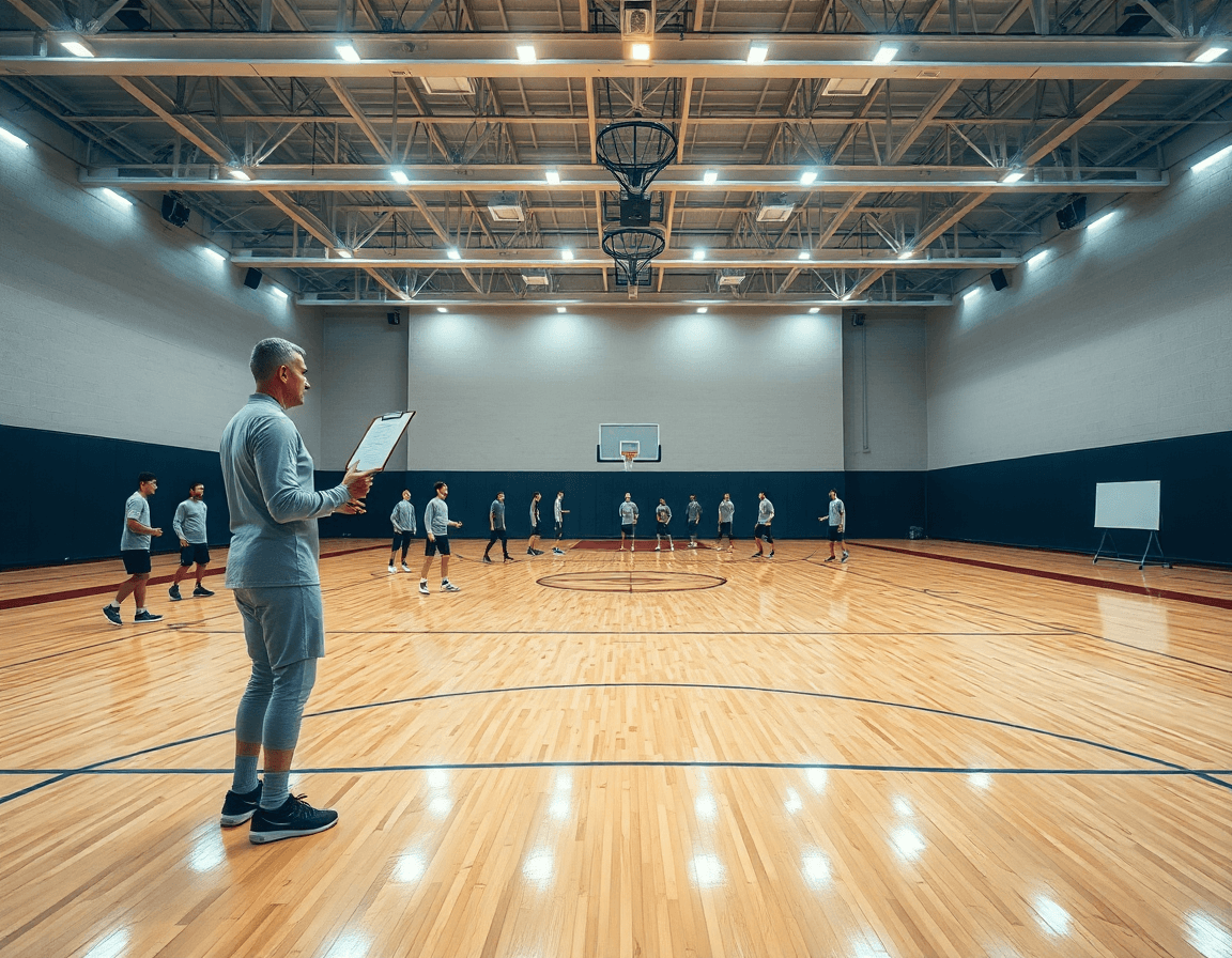 Zona defensa individual baloncesto en una práctica amplia: entrenador con pizarra táctica y jugadores en la cancha.