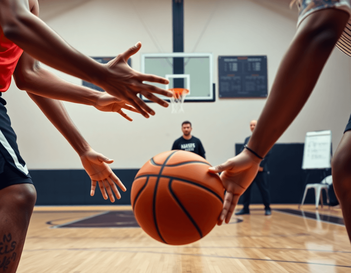 Gros plan sur analyse match basket des mains et du ballon pendant une passe.