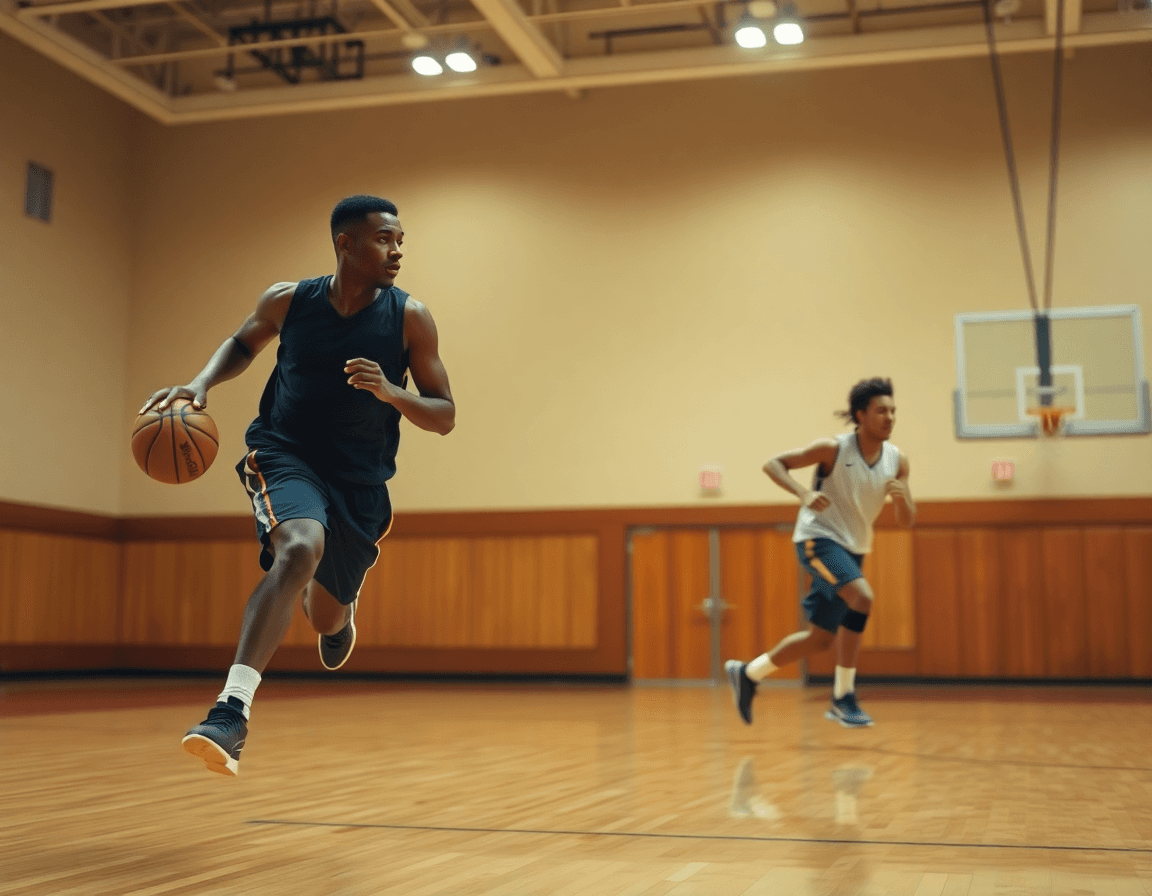 Players running a fast-break drill in practice