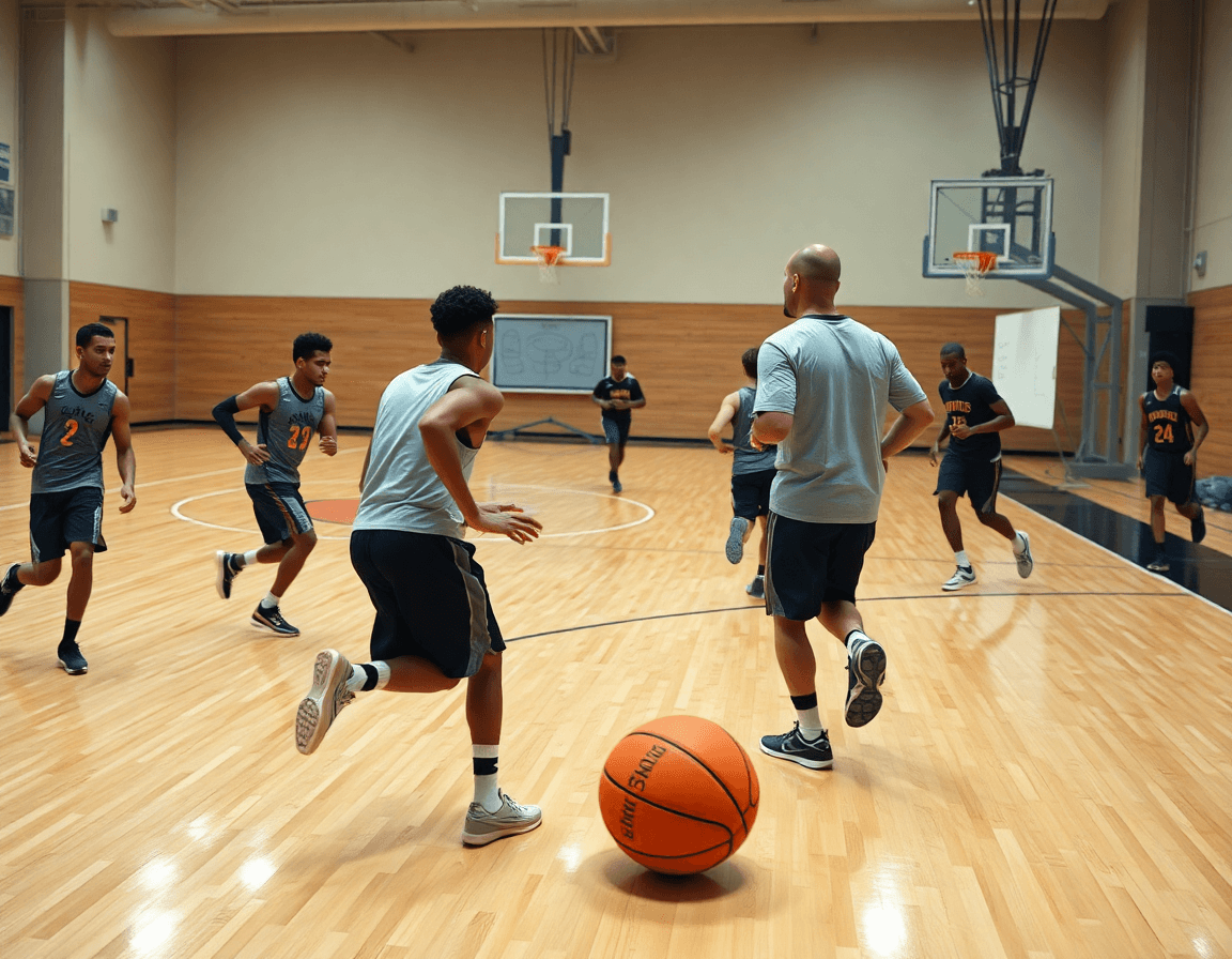 Cadrage dynamique: analyse match basket autour de la table tactique avec coach et joueurs.
