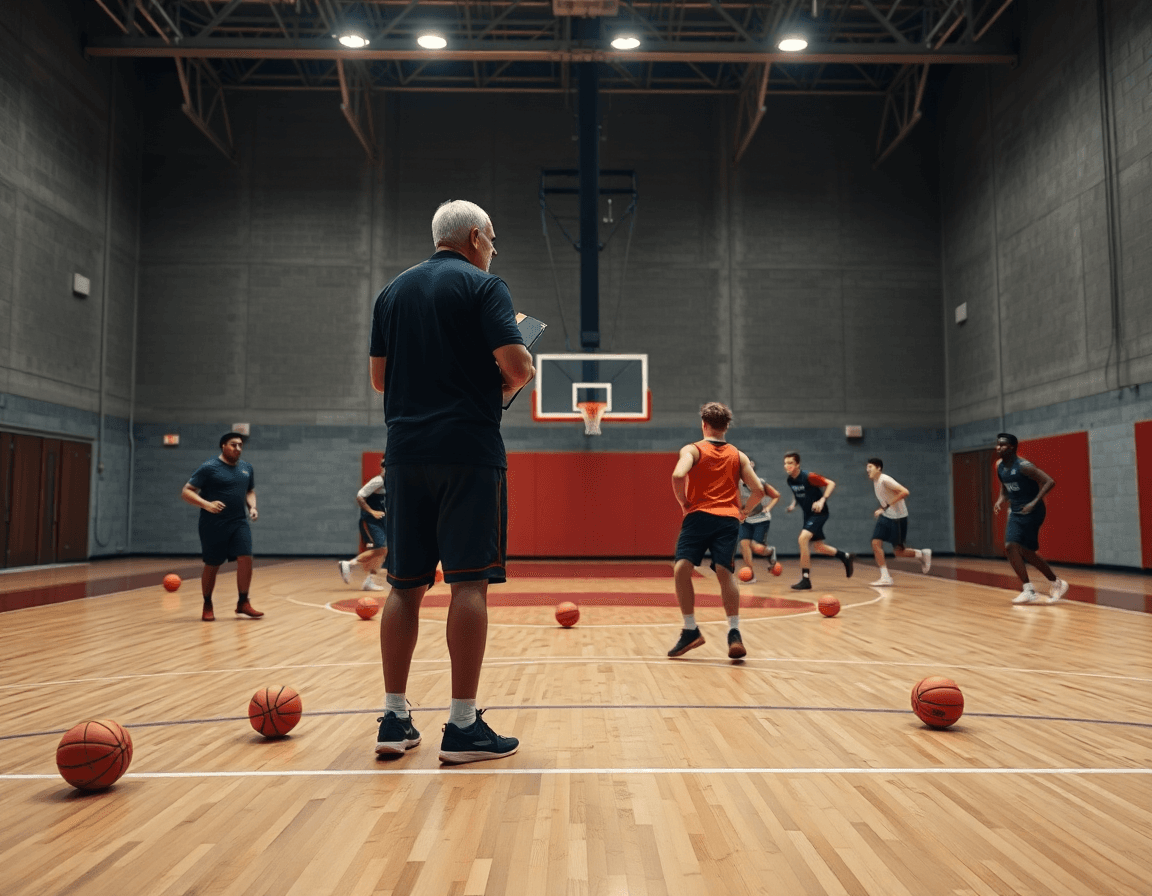 Premier plan: analyse match basket en action dans un gymnase, coach dirigeant les joueurs.