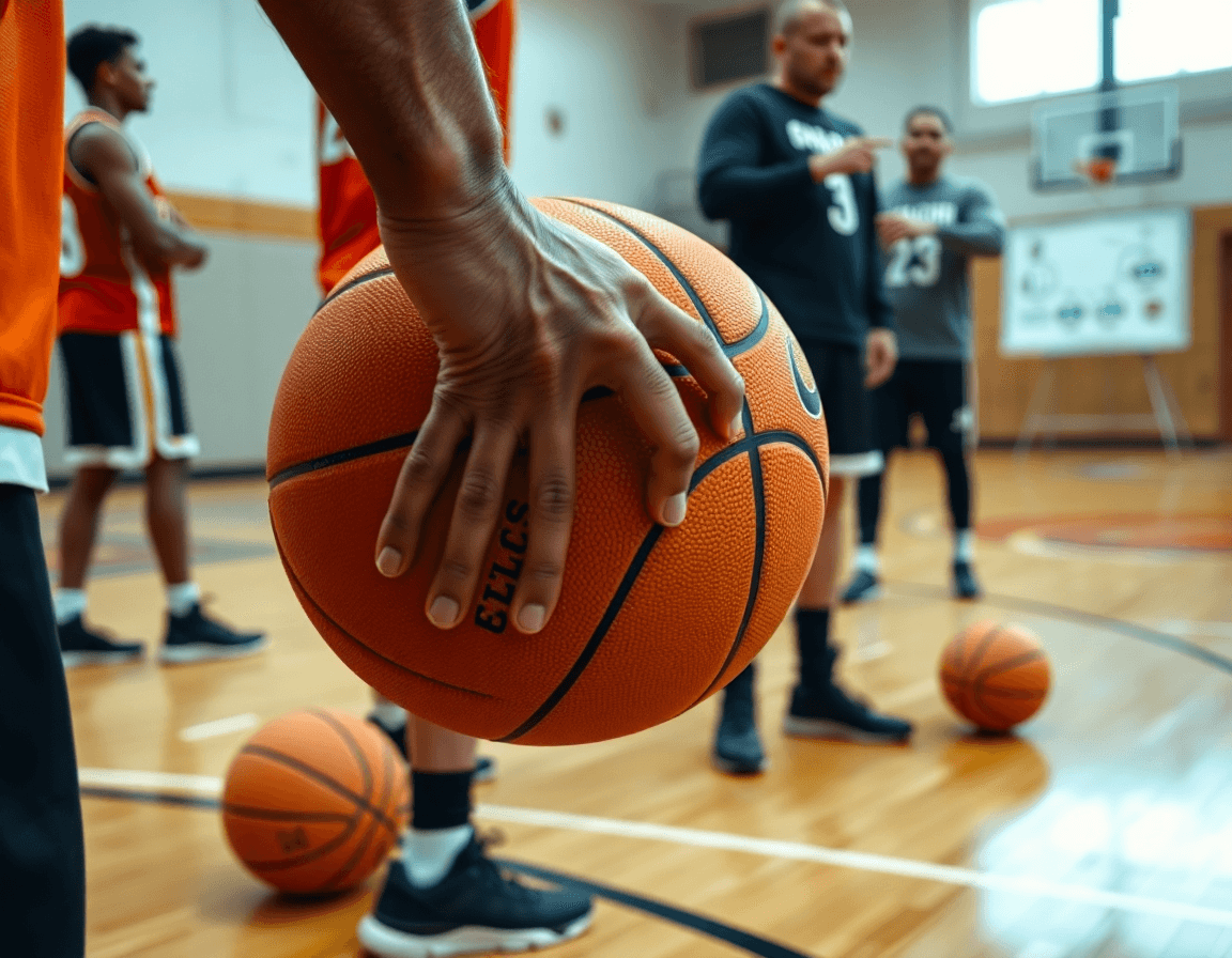 Analyse video basket: gros plan sur les mains tenant le basketball pendant un drill intense sur le court.
