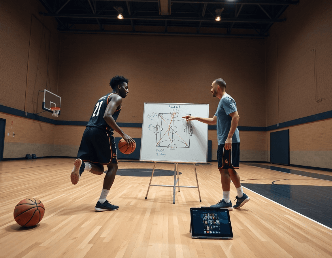Analyse video basket: mise en valeur d'un drill de dribble et passe sur le court.