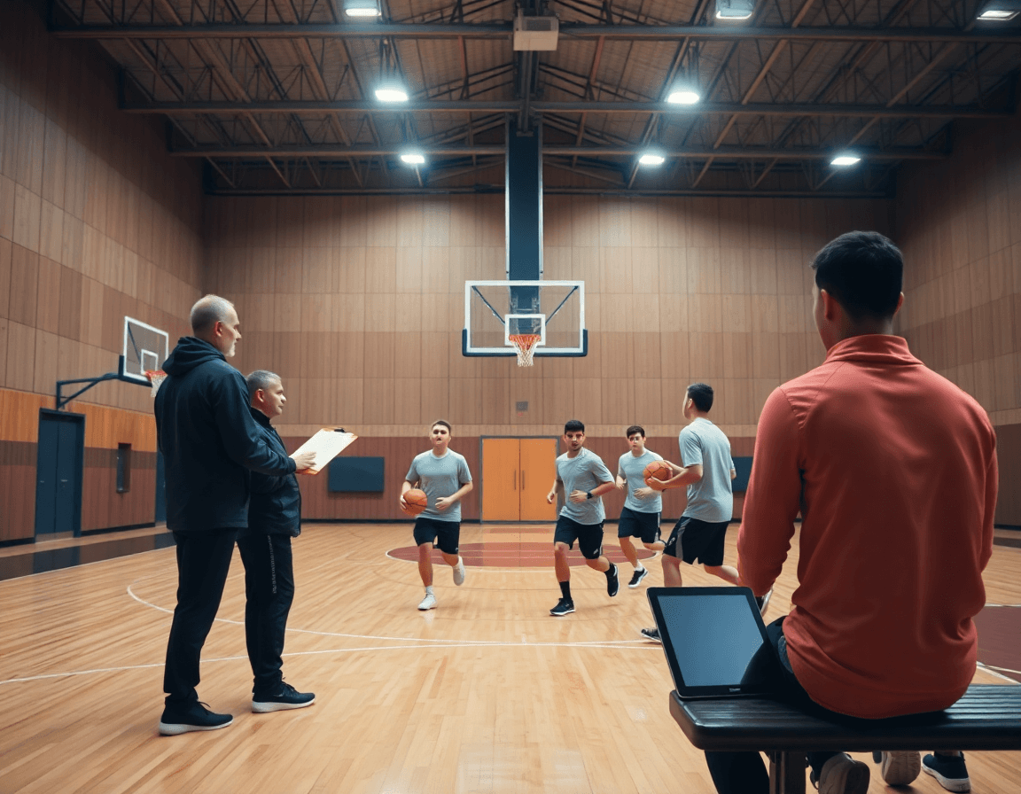 analyse video basket: l'entraîneur dirige les joueurs sur le court pendant l'entraînement, intensité élevée.