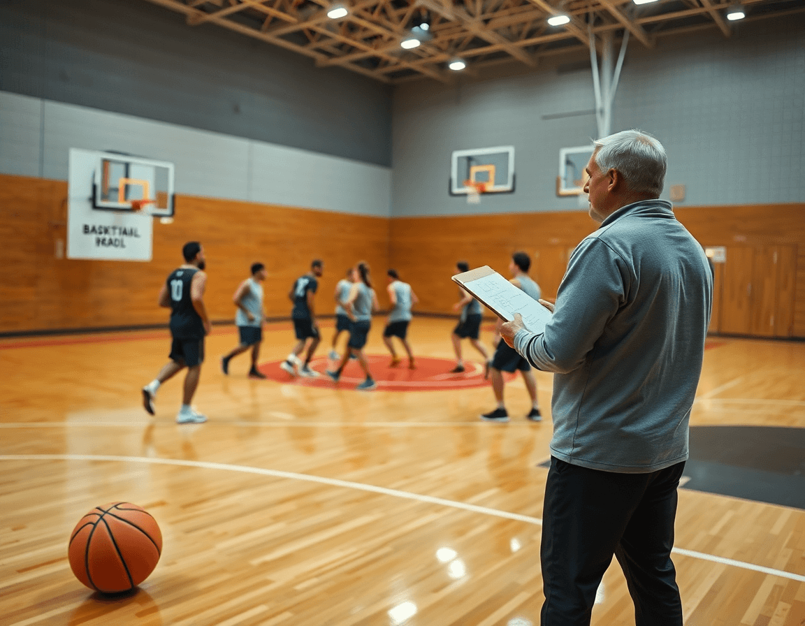 Vue large d'une salle de basket: attaque défense basket en action, coach et joueurs concentrés.