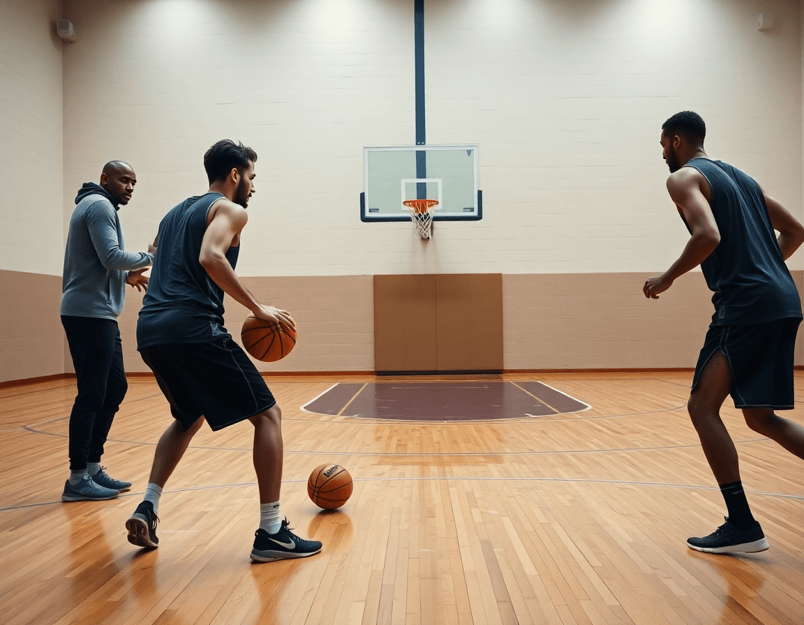 Drill d'attaque sur défense individuelle basket en action sur le terrain basketball.
