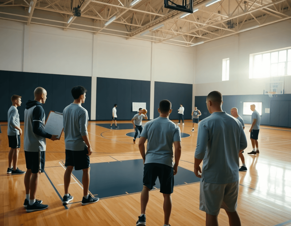 Vue d'ensemble d'une attaque sur défense individuelle basket pendant l'entraînement sur le terrain basketball.