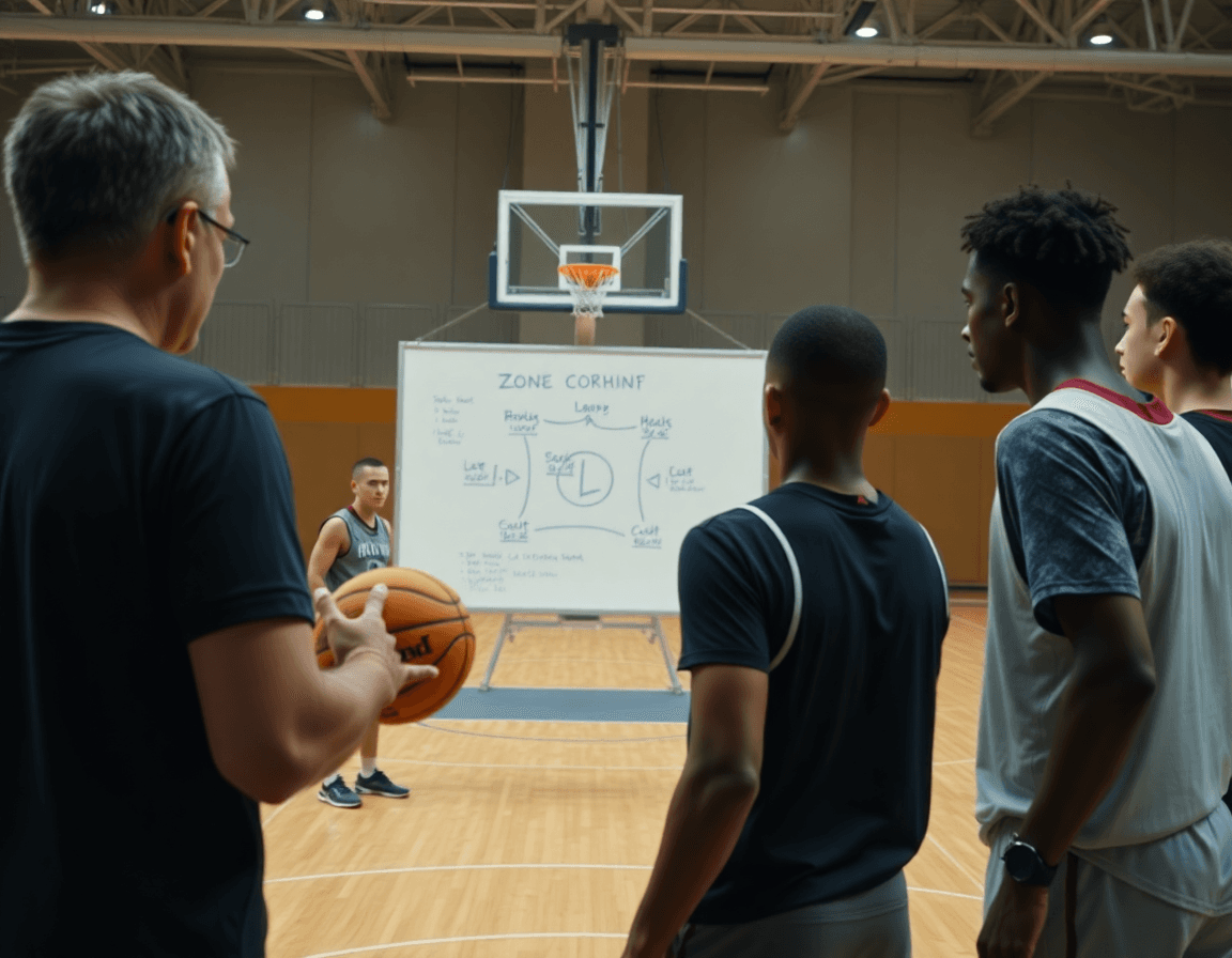 tactique basket attaque sur zone: coach et joueurs autour du tableau blanc pendant l'entraînement.