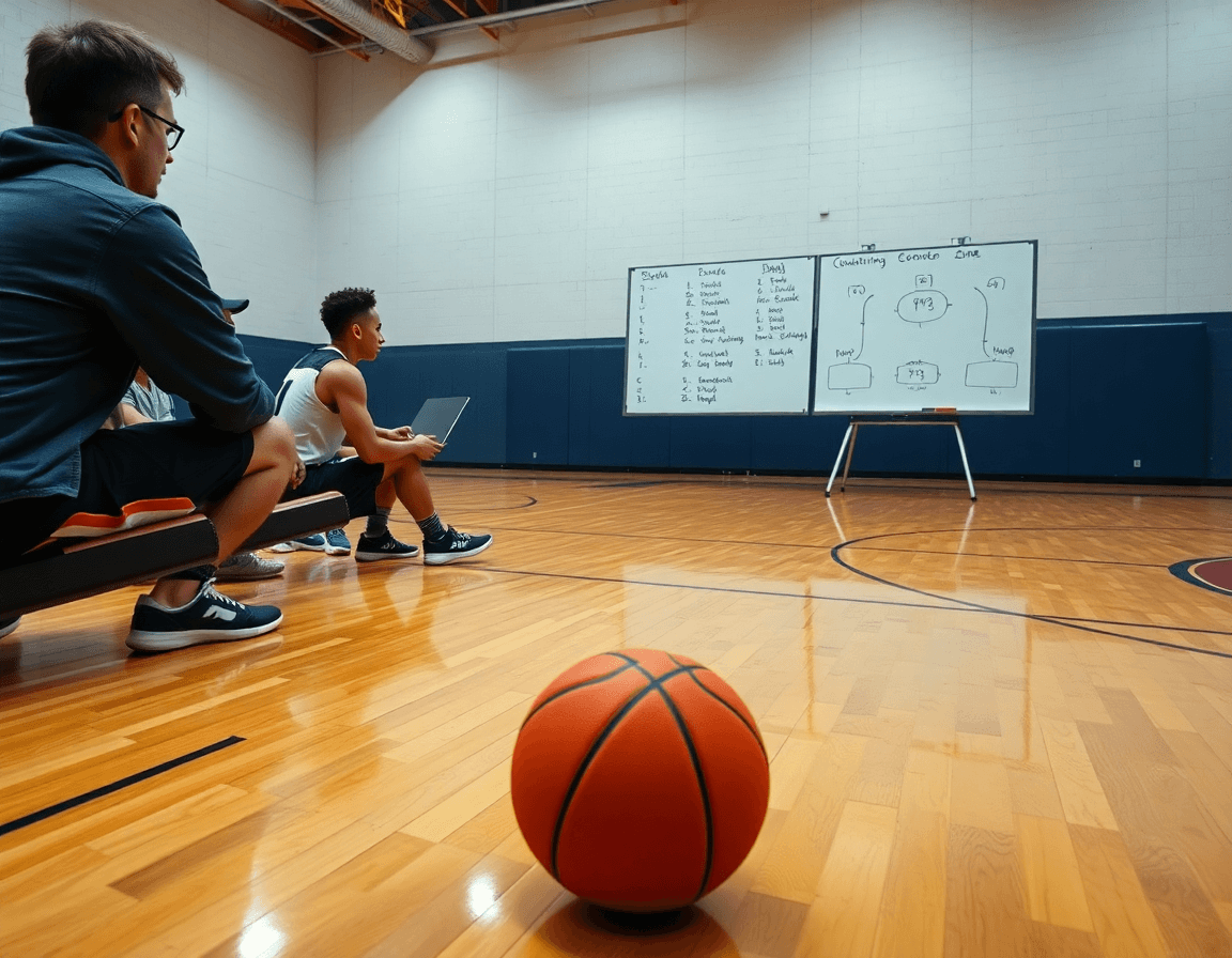 tactique basket attaque sur zone: discussion devant le tableau et les clips sur le côté.