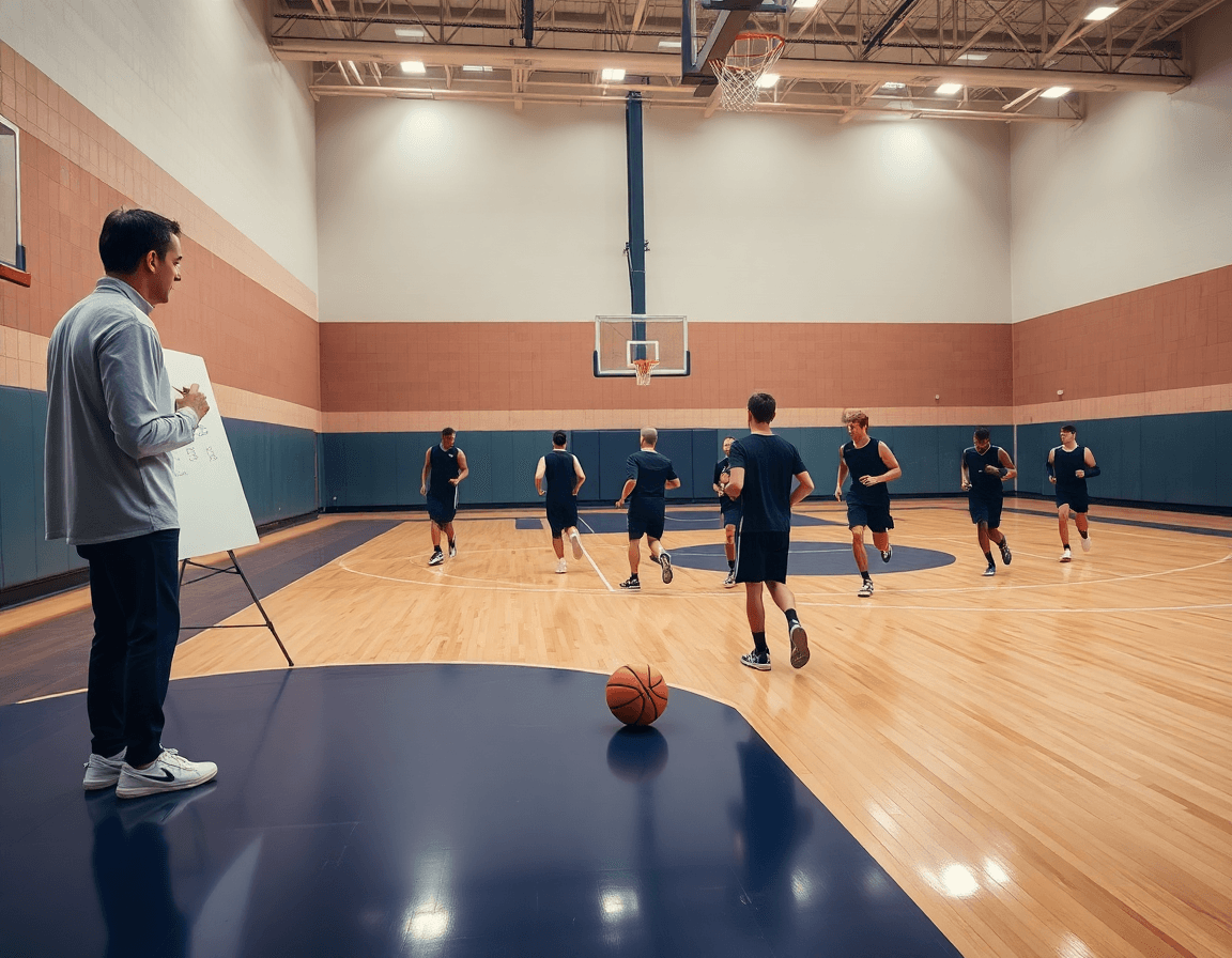 tactique basket attaque sur zone: vue d’ensemble d’un entraînement où le coach dirige ses joueurs.