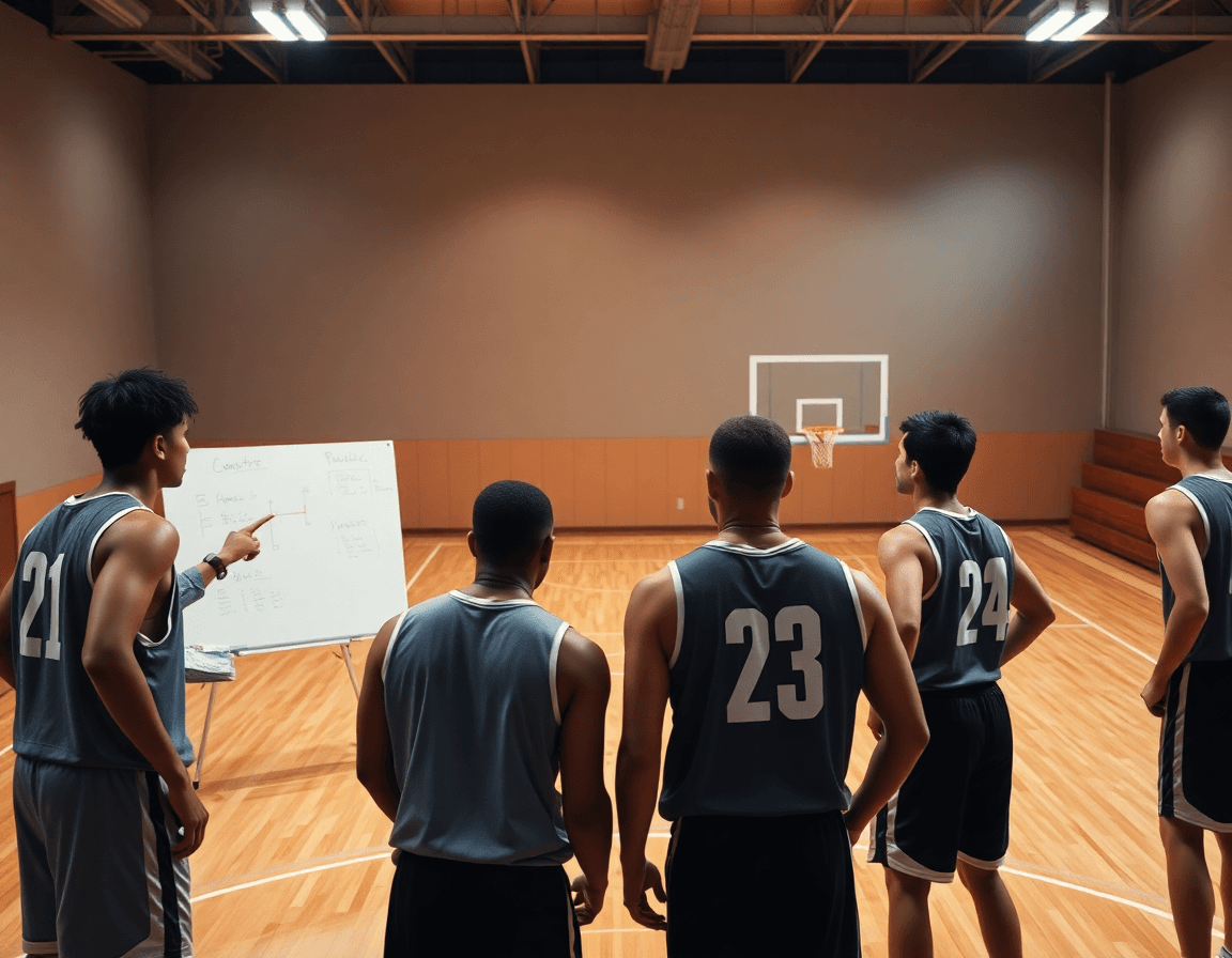 Plan serré sur le tableau tactique, basket attaque des titans guidant les joueurs vers la transition.