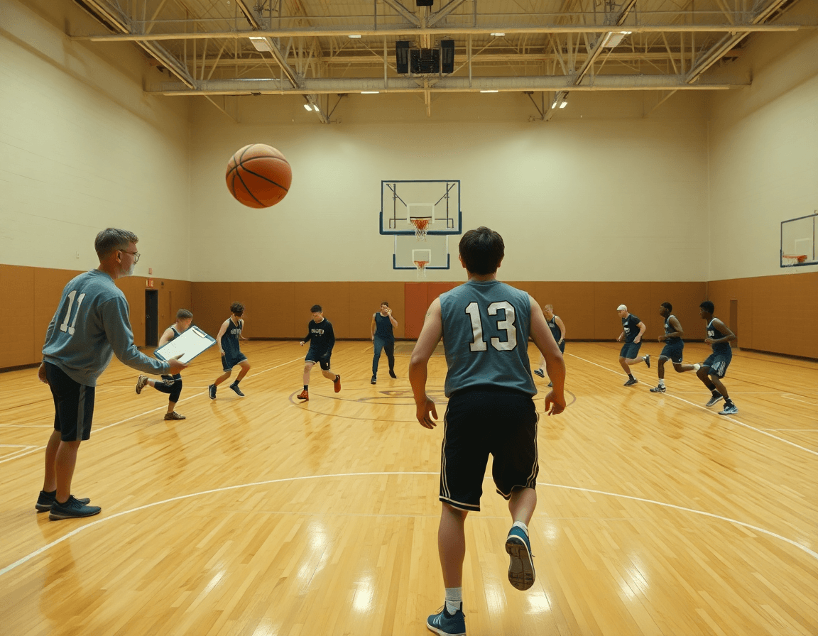 Plan large: basket attaque des titans en pratique, un entraîneur coordonne des joueurs sur le terrain de basket.