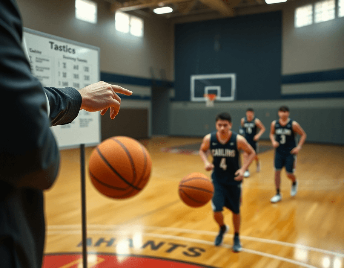 Plan serré sur le coach guidant le basket attaque en triangle pendant l'entraînement.