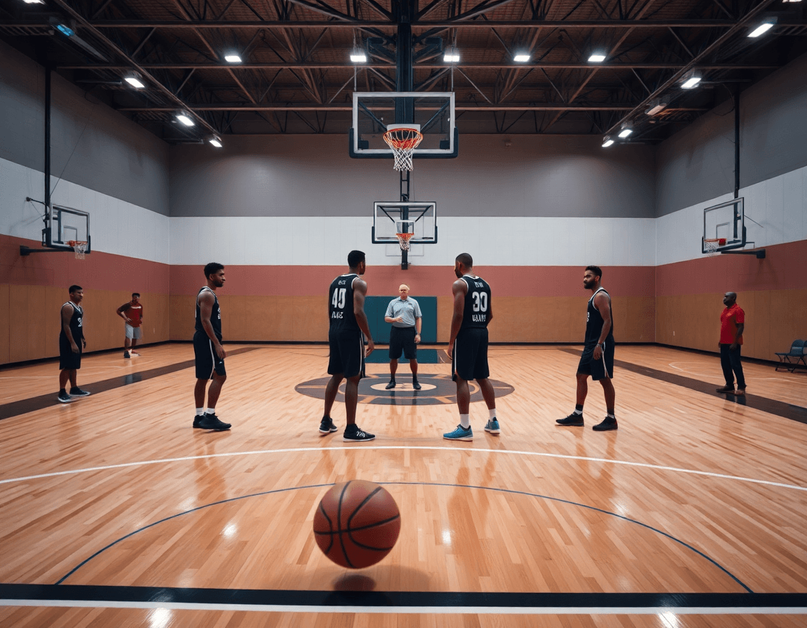 Plan moyen montrant trois joueurs formant le basket attaque en triangle près de la ligne des touches.