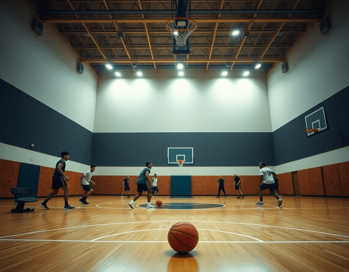 Vue d'ensemble montrant l'équipe en action autour du basket attaque en triangle sur le terrain.