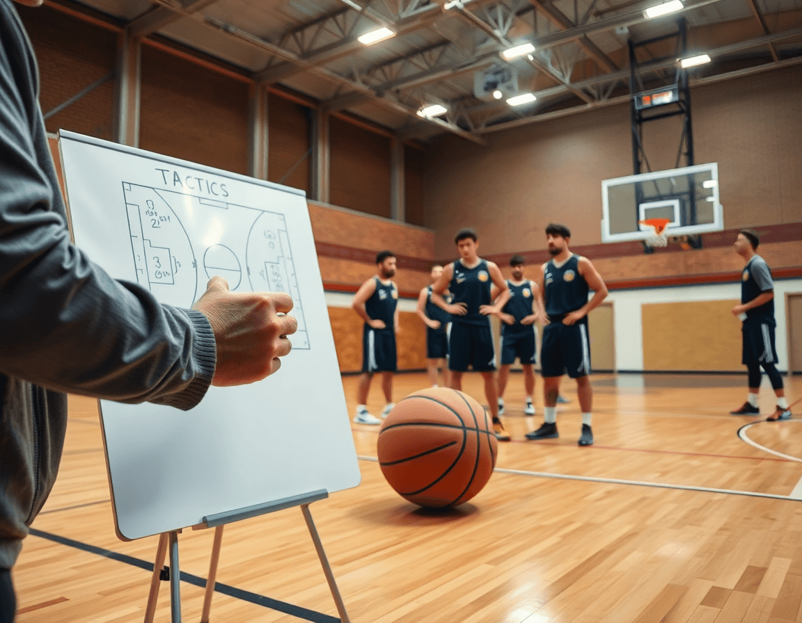 Plan rapproché: entraîneur dessine une action basket benjamin sur tableau, joueurs regardent attentivement.