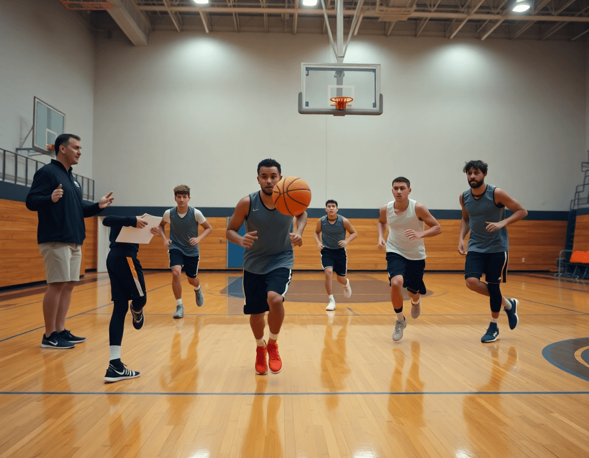 Coup d'œil moyen: joueurs exécutent un mouvement basket benjamin en exercice sur le terrain.