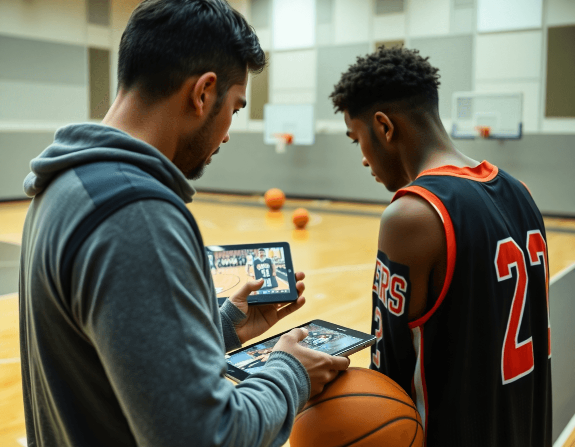 Plan rapproché: clips basket benjamin sur tablette près du terrain, entraîneur et joueur discutant.
