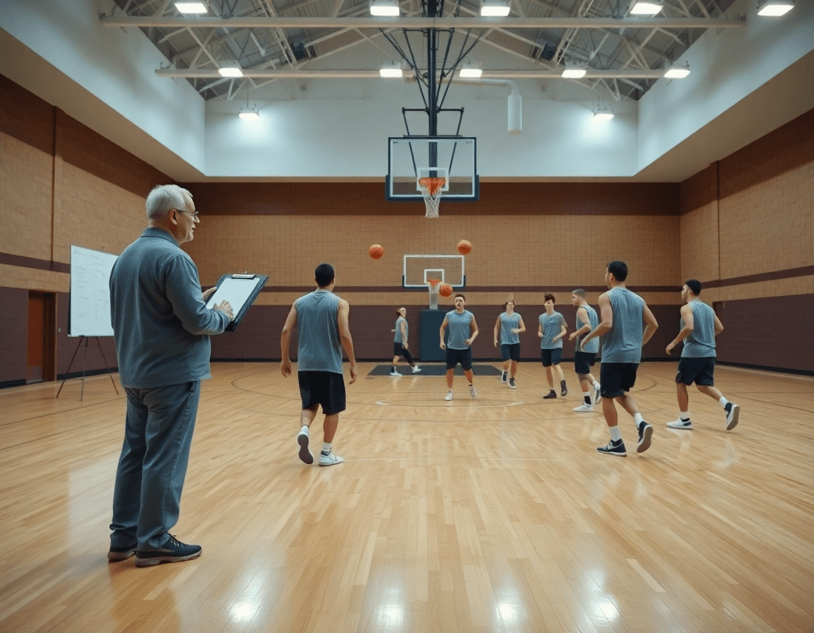 Vue panoramique d'un gymnase de basket benjamin, coach avec un tableau tactique et l'équipe en séance.