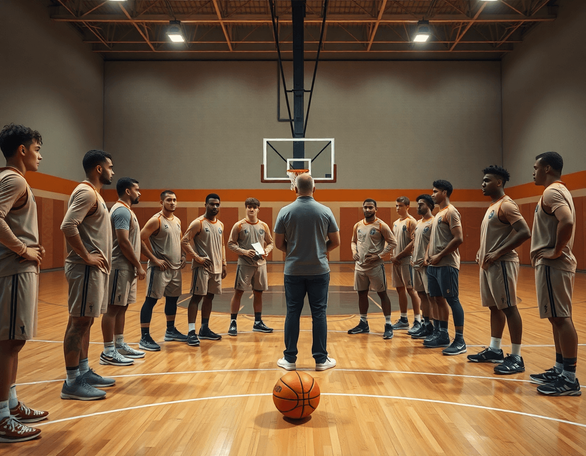 Vue large d'un basket entrainement homme autour d'un coach avec un tableau sur le bord du terrain.