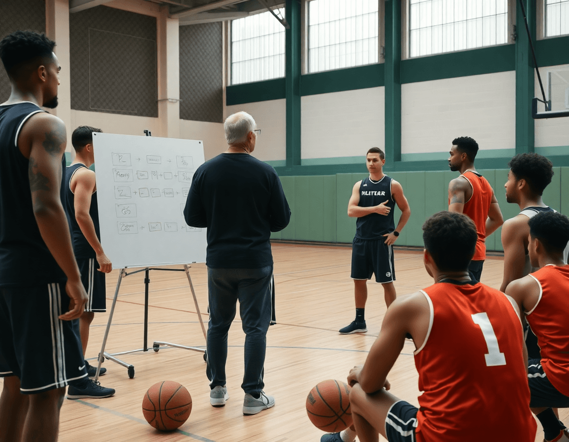 Plan serré sur le coach et le tableau tactique pendant une séance basket entrainement homme.