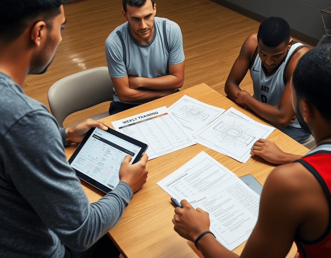 Plan hebdomadaire basket entrainement homme affiché sur tablette, joueurs et notes sur la table.